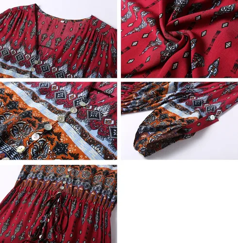 Vista 7 de R.Vivimos - Vestido bohemio a media pierna de verano para mujer con estampado floral, botones, tirantes delgados, cuello en V