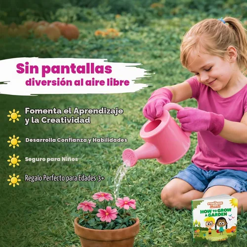 Vista 5 de Herramientas de jardinería rosas para niños: incluye bolsa de mano resistente, regadera, guantes, palas, estacas de jardín y un encantador libro