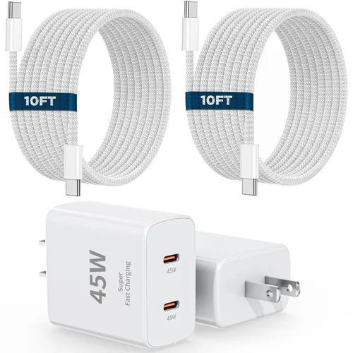 Vista 8 de Cargador súper rápido USB C de 45 W, paquete de 2 bloques de carga dual USB C para iPhone con cable trenzado tipo C a C de 3.3 pies de carga rápida