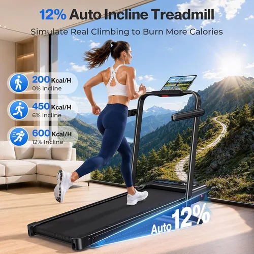 Vista 2 de Cardirun Walking Pad with 12% Auto Incline & Handle Bar, Foldable Treadmill Negro