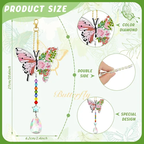 Vista 3 de Tradder Juego de 6 carillones de viento con diseño de diamantes de mariposa, decoración de árbol de verano, adornos de pintura de diamante 5D