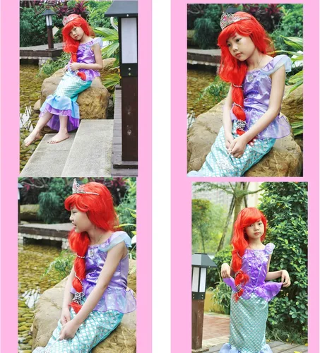 Vista 2 de Joy Join Disfraz de princesa de sirena para niñas pequeñas vestido con peluca corona Rojo