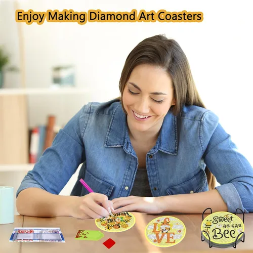 Vista 3 de TDOOW Posavasos de arte de diamante, 8 piezas de posavasos de pintura de diamante, kit de arte de diamantes de abeja para adultos, regalo