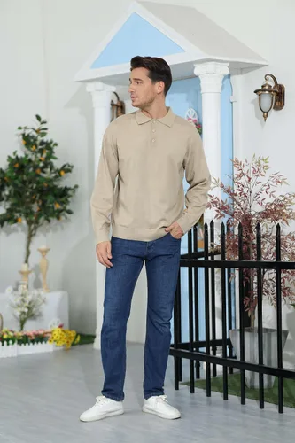 Vista 6 de Polo de punto casual para hombre, camisa clásica de manga larga, térmica, básica, con botones