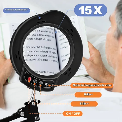 Vista 6 de Lupa de 15X con luz y abrazadera, lámpara de escritorio con lupa iluminada, lámpara LED con luz y abrazadera, 5 modos de color, 10 brillos