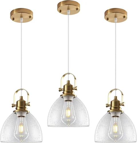 Vista 10 de Luces Colgantes de Vidrio para Isla de Cocina, 7.5 pulgadas Luces Colgantes de Vidrio Dorado 1-Paquete, Lámpara Colgante Moderna con Pantalla