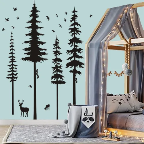 Vista 3 de Calcomanías de pared de pino, calcomanías de vinilo de bosque con calcomanías de pared de animales, ardillas y ciervos, decoración de guardería Negro
