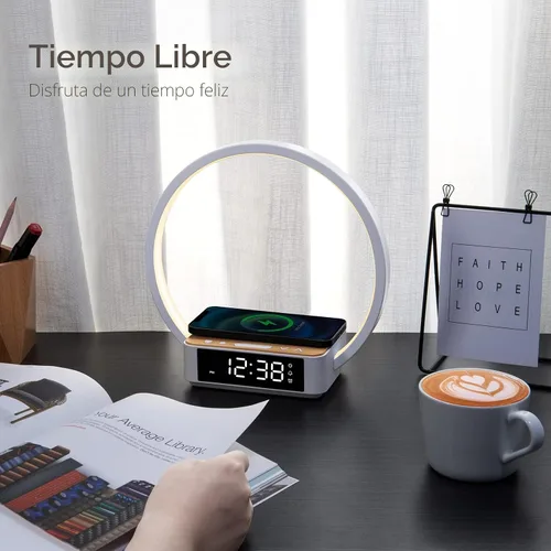 Vista 12 de WILIT Lámpara de mesita de noche con reloj despertador, lámpara táctil con cargador inalámbrico, luz nocturna para dormitorio, luz de despertar