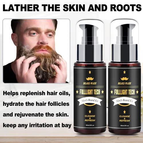 Vista 3 de FULLLIGHT TECH Kit de cuidado de barba para hombre, 2 unidades, champú de aceite de argán y aceites de jojoba, extracto de romero para un