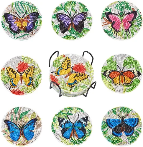 Vista 6 de FASHEWELRY 8 posavasos de arte de diamante con soporte para abejas, kit de posavasos de pintura de diamantes para bebidas, kits de arte de diamantes