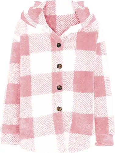 Vista 4 de YAFINMO Womens Fuzzy Plaid Shacket Jacket Furry 2024 Spring Long Sleeve Button Down Warm Coats Fleece Lined Jackets