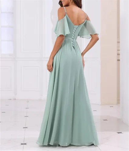 Vista 4 de Cold Shoulder Bridesmaid Dresses with Long Slit Chiffon Pleated Formal Party Gowns for Women