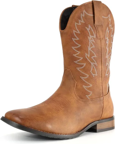Vista 9 de IUV Botas de Vaquero para Hombre de Pie Ancho Punta Cuadrada Botas Occidentales con Bordado Clásico Duraderas Sin Cordones Negro