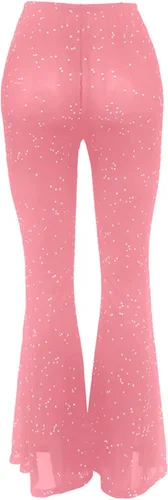 Vista 7 de Pantalones brillantes de malla transparente para mujer, acampanados, de cintura alta, acampanados, para fiestas y festivales de baile