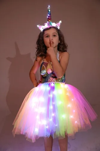 Vista 2 de Disfraz de princesa de unicornio para niñas disfraz de fiesta de cumpleaños con luz LED vestido de tutú de Halloween con diadema