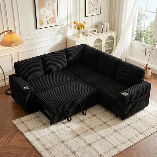 Vista 21 de Sofá cama modular de 103.5 pulgadas con cama extraíble, sofá de gran tamaño con almacenamiento, sofá modular para sala de estar, color beige Negro