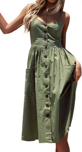 Vista 8 de Angashion - Vestido floral de verano estilo bohemio para mujer, con botones, bolsillos y tiras ajustables