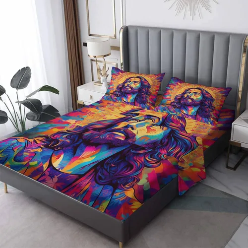 Vista 8 de Jesús Sábanas tamaño individual, sábanas personalizadas, sábanas y fundas de almohada estampadas de 3 piezas, sábana bajera ajustable de microfibra