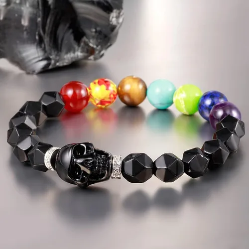 Vista 2 de XHUUU Pulsera de 7 chakras con estatua de calavera para mujeres y hombres, obsidiana negra, corte estrella, cristales reales y piedras curativas