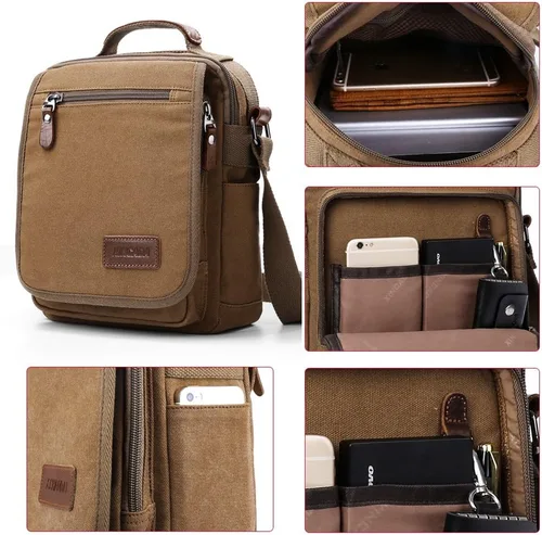 Vista 6 de XINCADA Bolsa de mensajero para hombre, bolsa de hombro de lona, bolsa de viaje, bolso cruzado para trabajo y negocios