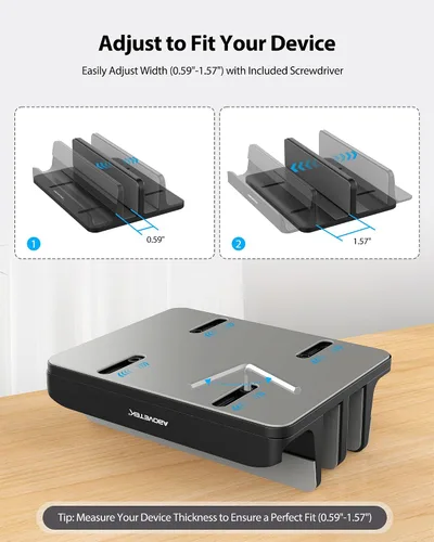 Vista 4 de Soporte vertical para portátil AboveTEK, soporte de escritorio de aluminio con 3 ranuras y base ajustable para tableta, MacBook, teléfono - Ajuste