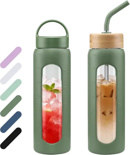Vista 14 de WINSA - Botella de agua de vidrio de 24 onzas, vaso de vidrio con popote, botellas reutilizables con 2 tapas - Tapa con asa y tapa de bambú