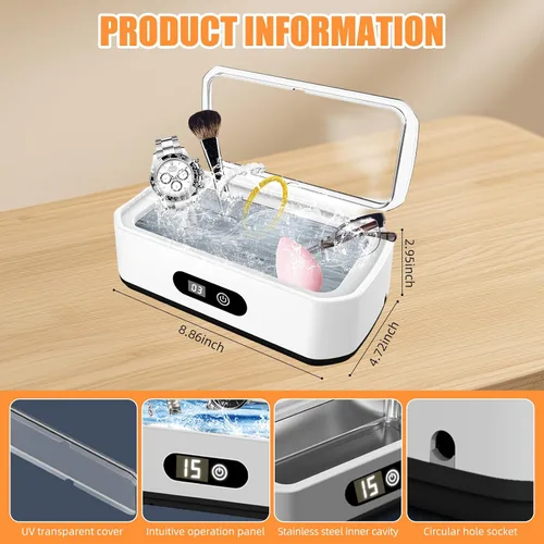 Vista 4 de Máquina de limpieza ultrasónica de 49 kHZ con temporizador digital, acero inoxidable 304, limpiador ultrasónico profundo de 22.0 fl oz para gafas