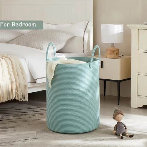 Vista 2 de 38x51 cm de alto cesta de lavandería de cuerda de algodón verde, cesta tejida para ropa y cobijas, almacenamiento en dormitorio, sala de estar
