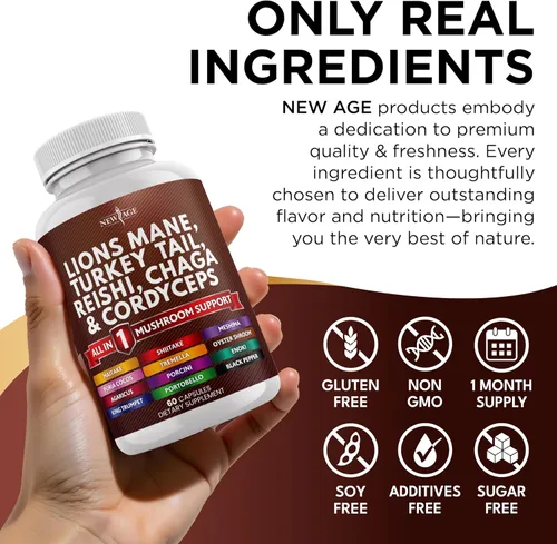 Vista 6 de NEW AGE Suplemento de hongo melena de león con cola de pavo Reishi Cordyceps Chaga con raíz de malvavisco