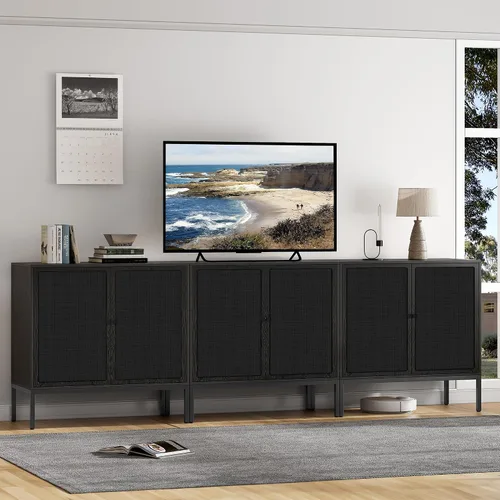 Vista 7 de Brafab Aparador negro con puertas decoradas de ratán natural, 31.5 pulgadas de ancho, armario de almacenamiento de ratán Credenza, gabinete bohemio