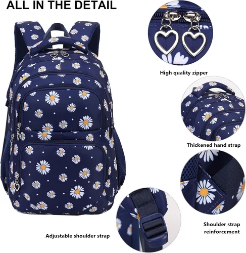 Vista 11 de goldwheat Mochilas impresas margaritas con paquete de almuerzo, estuche de lápices 3pcs, bolsa ligera resistente al agua para la escuela secundaria