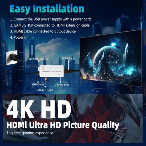 Vista 2 de AQHH 2025 Retro Gaming Console, Retro Game Stick with 4K HDMI, Classic Video Games, Upgraded Dual 2.4G Wireless Controllers 64GB