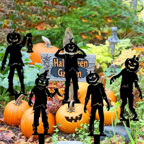 Vista 8 de 5 carteles de metal de Halloween para patio, decoraciones al aire libre, arte de metal negro, estacas de patio, esqueleto reutilizable, letrero