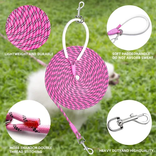 Vista 5 de Correa de entrenamiento ligera de nylon de 30 pies x 1/4 pulg. rosa con cómodo asa de silicona altamente reflectante, sin enredos, para perros