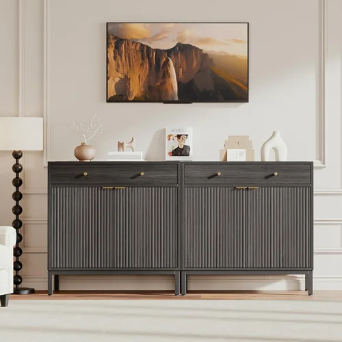 Vista 8 de Mericonia Aparador Buffet Gabinete Almacenamiento, Consola de madera moderna acanalada Credenza