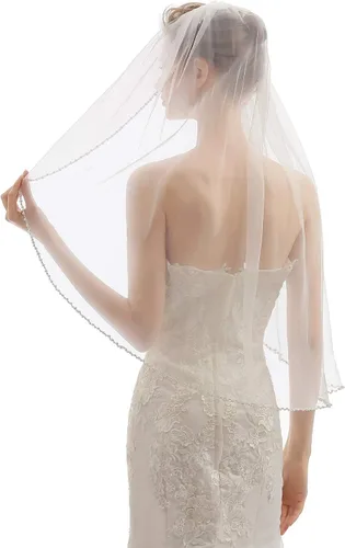 Vista 5 de Velo de novia corto con cuentas de cristal para mujer, 1 nivel, con peine X09