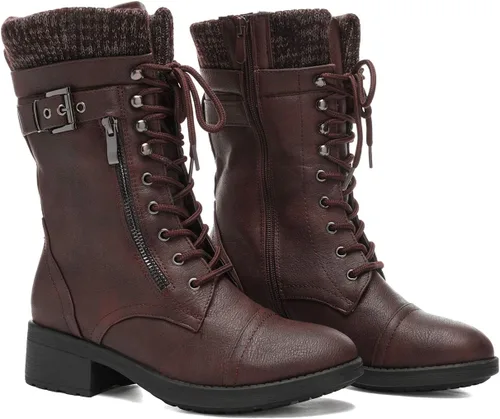 Vista 3 de DREAM PAIRS Botas militares de invierno con cordones a media pantorrilla para mujer