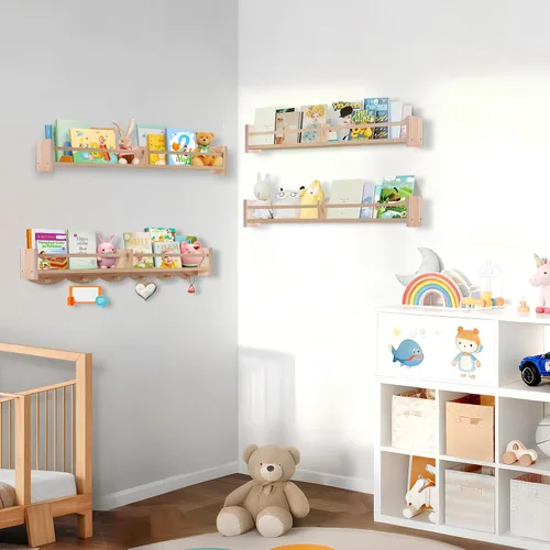 Vista 6 de Estantes para libros de guardería de 34 pulgadas montados en la pared, estante flotante para libros para niños con 6 ganchos, estante colgante