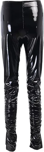 Vista 6 de xxxiticat Pantalones plisados de piel sintética para mujer, cintura alta, entallados, con dobladillo dividido, de piel sintética, para club