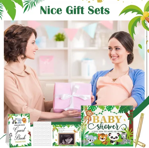 Vista 7 de Fuyoooo 27 piezas de libro de invitados para baby shower de safari en la jungla con tarjeta de lugar floral y sello de inicio de sesión para baby
