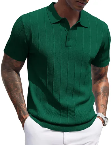 Vista 44 de COOFANDY Camisas polo de punto para hombre de manga corta con textura acanalada Camisas de golf casuales y ligeras con cuello Camiseta de polo