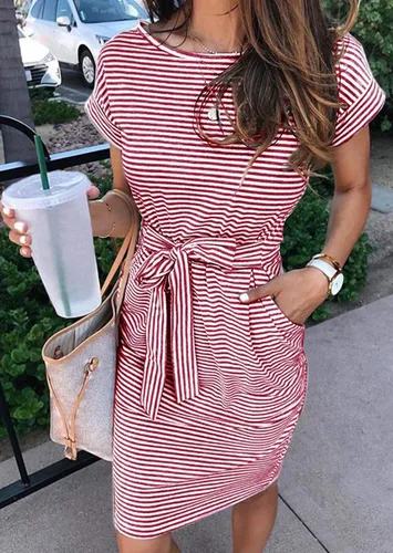 Vista 2 de MEROKEETY - Vestido de verano con manga corta, a rayas, casual, estilo camiseta, con lazo en la cintura y bolsillos, para mujer