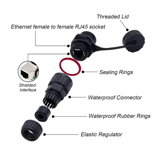 Vista 3 de Conector instalable de campo RJ45 hembra a hembra blindado de 10 piezas. Proporciona conectividad Ethernet Cat5/5e/6 de alimentación a través