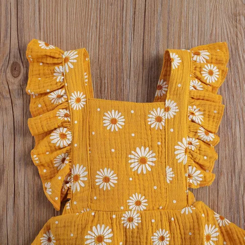 Vista 5 de Mameluco para bebé recién nacido, con margaritas, ropa ajustable con volantes de una pieza, overol de verano para bebé Naranja