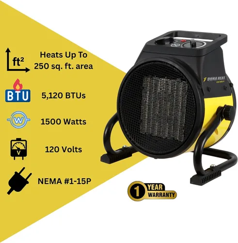 Vista 3 de Calentador de aire EUH1465, eléctrico, de Dura Heat, con base pivotante, 5,120 BTU, Amarillo Electric Garage Heater, Steel Body, Thermostat, Heats