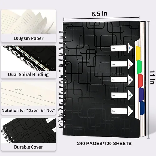 Vista 4 de CAGIE Cuaderno de 5 materias con rayas universitarias de 8.5 x 11 pulgadas, 240 páginas, cuaderno en espiral con pestañas divisorias, cuadernos A4