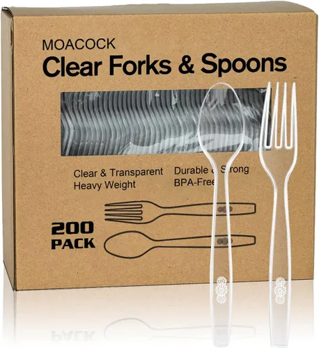 Vista 9 de MOACOCK 200 piezas de cubiertos de plástico negro plateado, tenedores y cucharas de plástico de peso pesado, juego de utensilios desechables