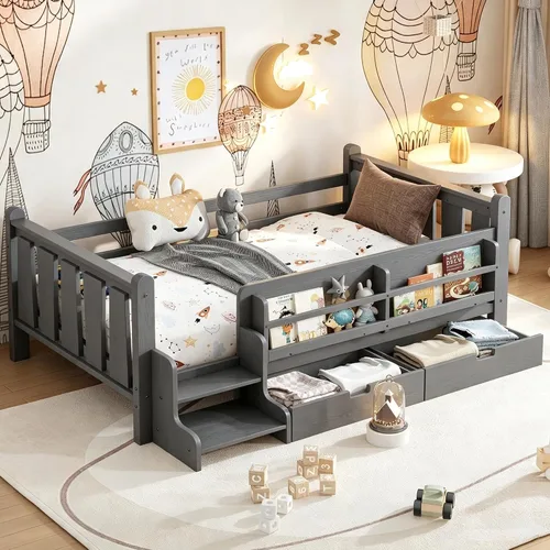 Vista 13 de Bellemave Cama Montessori completa con escaleras y cajones de Escaleras marrones