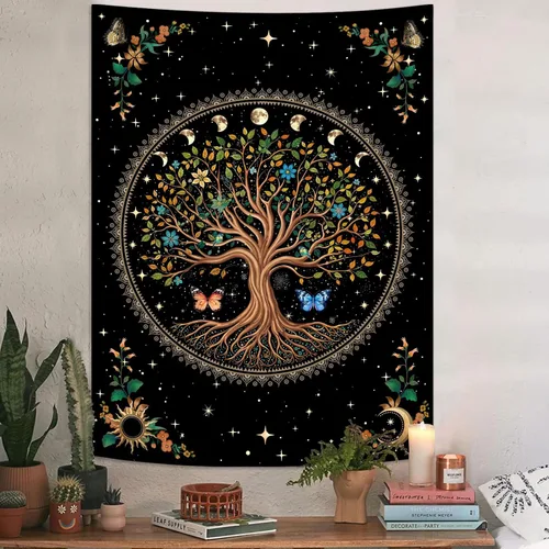 Vista 2 de Lunerfex Tapiz de árbol de la vida, tapiz de pared de fase lunar, tapices verdes para dormitorio, techo, tapices para colgar en la pared