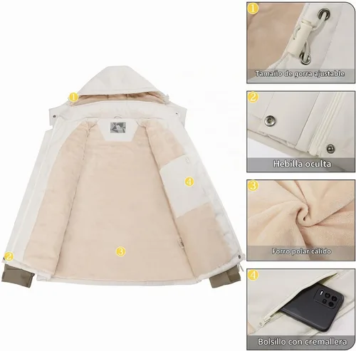 Vista 5 de Camel Crown Chaqueta de esquí para mujer, abrigo de nieve para invierno, vellón cálido, impermeable, chaqueta para snowboard M-Beige